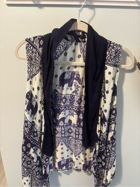 Navy and Cream Elephant Print Open Front vest